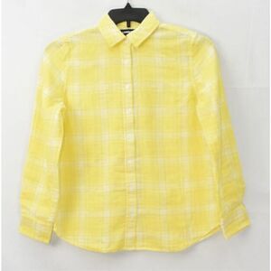 Lands' End Womens Plaid Checked Cotton Long Sleeve Button Up Shirt Yellow Size 2